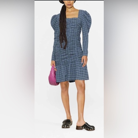 GANNI Ruched checked stretch-seersucker mini dress, Size 42 - Picture 16 of 16